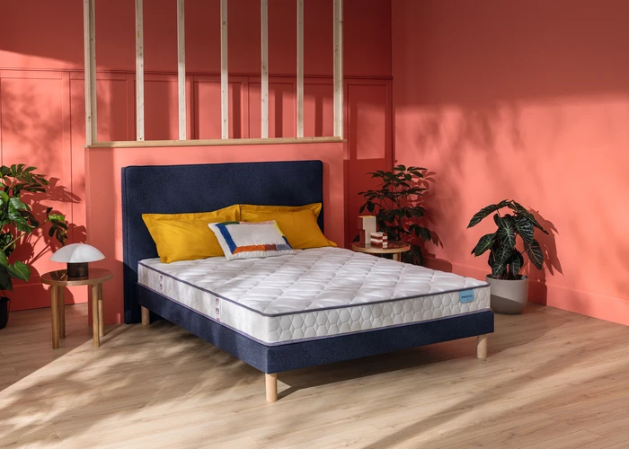 Ensemble matelas et sommier 90 x 190 cm chine bleu nuit - Merinos Happy Lit
